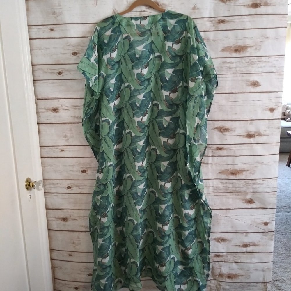 Ayaeo Botanical Palm Green Silk 100% Kaftan Dress Cover Up Size Small / Medium - Picture 7 of 11